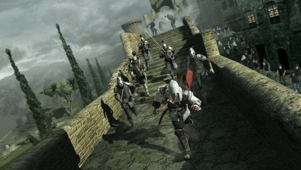 Assassin's Creed II gameplay screenshot with character escaping guards.
