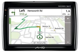 Mio Navman Spirit 500 GPS showing route on map display.