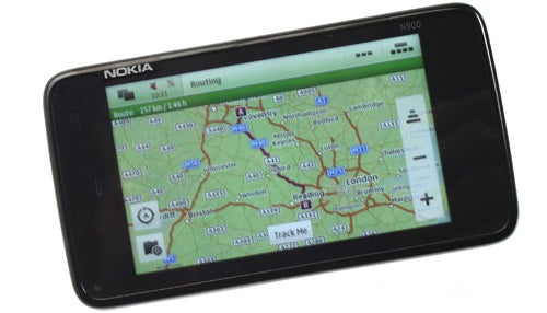 Nokia N900 displaying GPS map application on screen