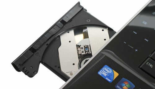 Toshiba Satellite P500 laptop with open optical drive.