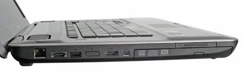 Side view of Toshiba Satellite P500-12D laptop showing ports.Side view of Toshiba Satellite P500 laptop's ports and DVD drive