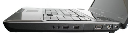 Side view of Toshiba Satellite P500 laptop's ports and DVD drive