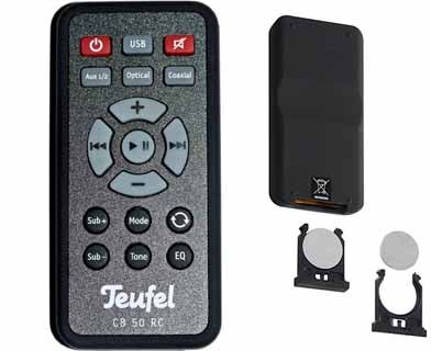 Teufel Cinebar 50 remote control and accessories.