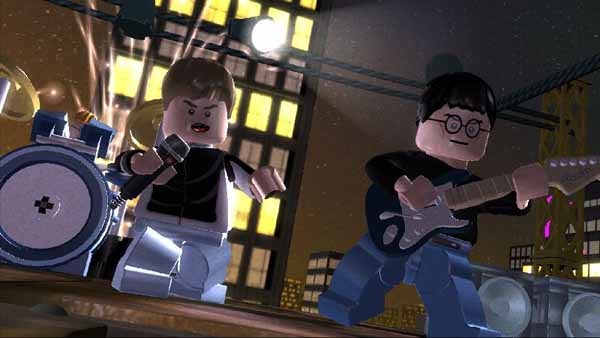 Lego Rock Band video game screenshot with animated characters performing.