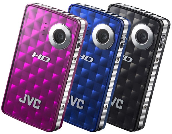 Three JVC PICSIO GC-FM1 camcorders in pink, blue, black colors.