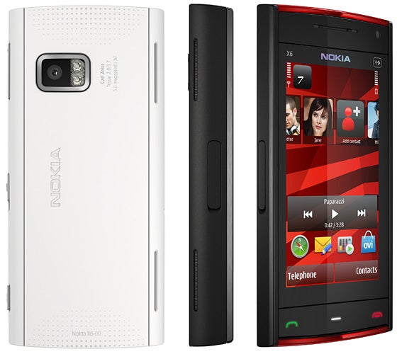 Nokia X6 32GB smartphone in white and black views.