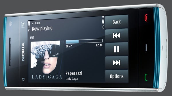 Nokia X6 32GB smartphone displaying music player interface.
