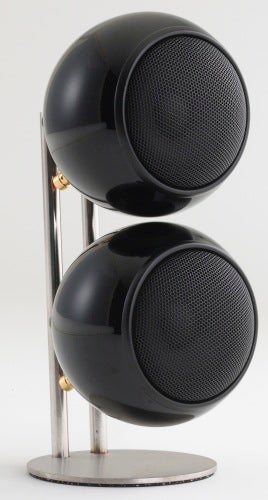 Orb Audio speakers on stand against white background.