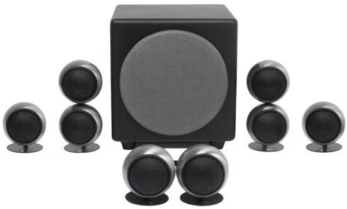Orb Audio 5.1 speaker system with subwoofer and satellite speakers.