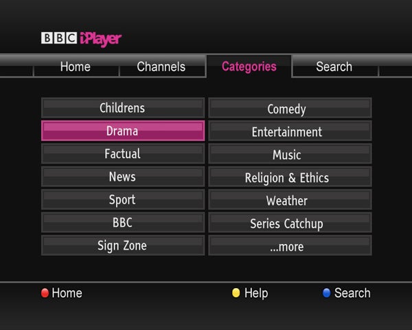 BBC iPlayer interface on Freesat highlighting Drama category.