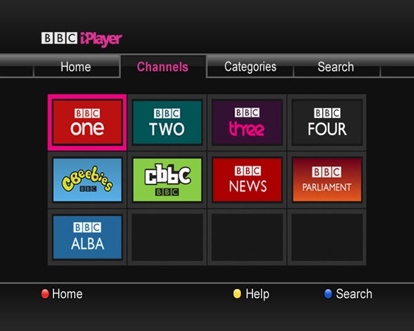 BBC iPlayer interface on Freesat with channel selection screen.