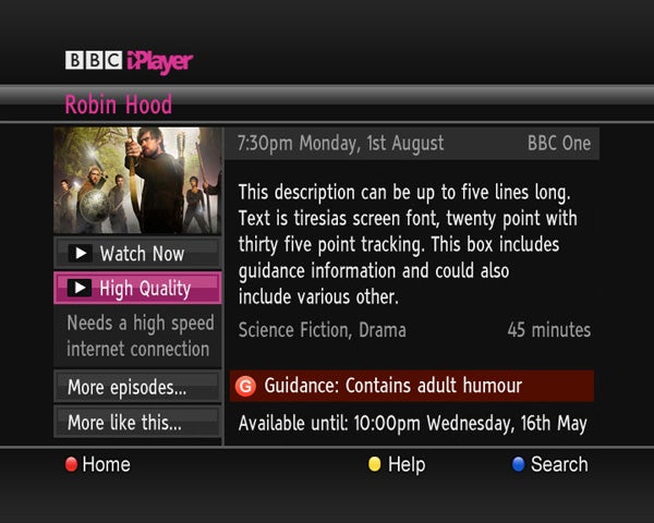 BBC iPlayer interface on Freesat showcasing Robin Hood program.