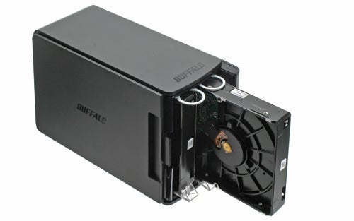 Buffalo LinkStation Duo with an open hard drive bay.
