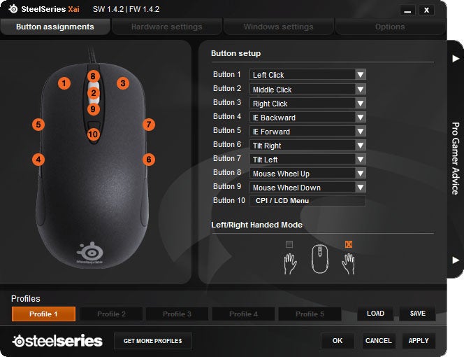 SteelSeries Xai Laser Gaming Mouse with button assignments.