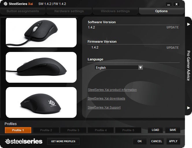 SteelSeries Xai Laser Gaming Mouse with software interface.