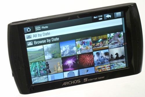 Archos 5 Internet Tablet displaying photo gallery application.