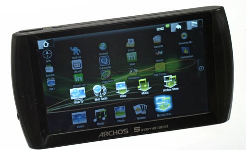 Archos 5 Internet Tablet with screen displaying apps.