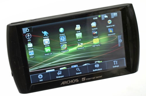 Archos 5 Internet Tablet on with home screen displayed.