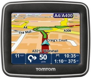 TomTom Start GPS navigator displaying a colorful route map