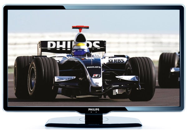 Philips 32-inch LCD TV displaying a Formula 1 race car.