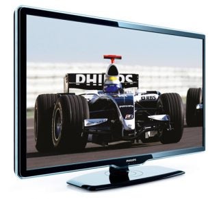 Philips 32PFL7404 LCD TV displaying a racing car.