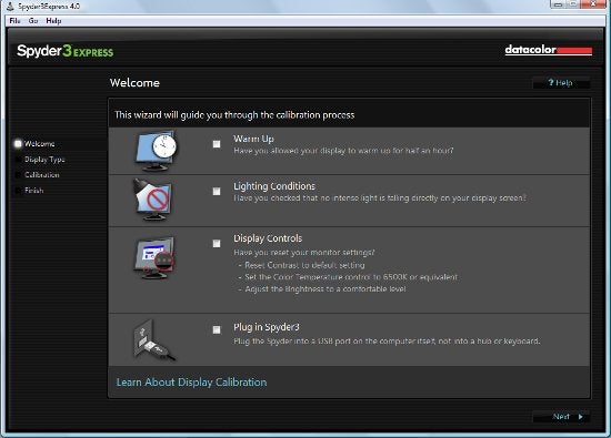 Screenshot of Datacolor Spyder3 Express calibration software interface.