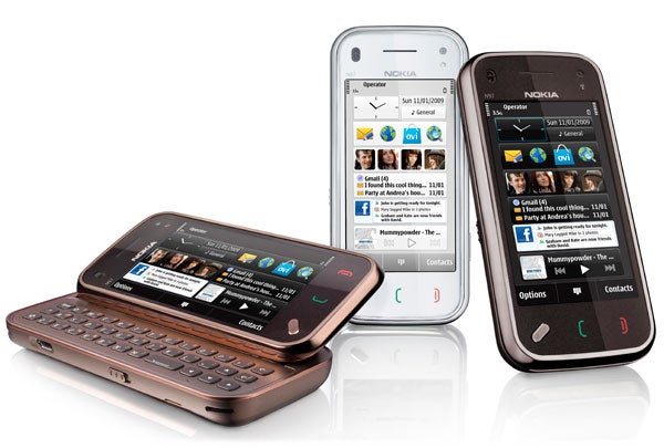 Nokia N97 Mini phones in different colors displaying screens.