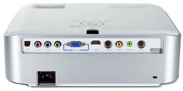 Rear view of Acer H7530D DLP Projector showing ports and model label.