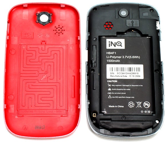 Disassembled INQ Chat 3G showing battery and internal components