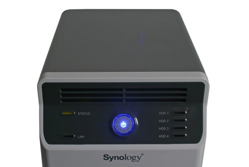 Synology DiskStation DS410j NAS server front view with status lights.