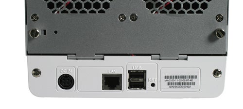 Rear panel of a Synology DiskStation DS410j NAS server.