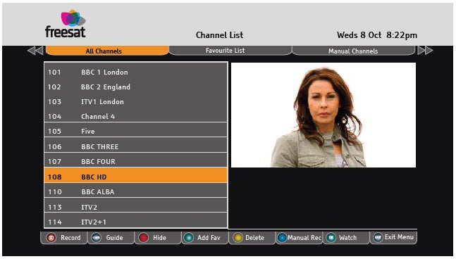 Screenshot of Grundig Freesat+ HD Recorder channel list interface.