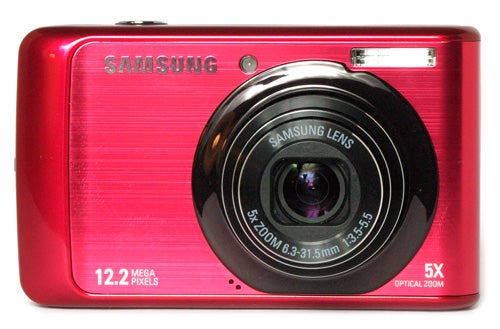 Red Samsung PL55 digital camera with lens visible.