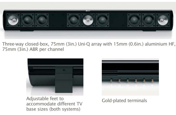 KEF KHT8005 Soundbar with adjustable feet and gold-plated terminals.
