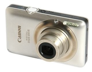 Canon Digital IXUS 120 IS compact camera on white background.