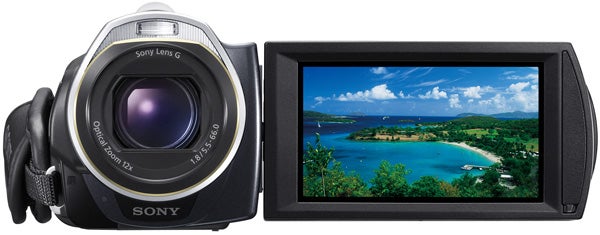 Sony HDR-CX505VE camcorder with flip-out LCD screen displaying scenery.