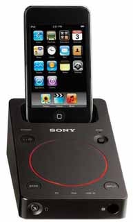 Sony SRS-GD50iP speaker system with docked iPhone.