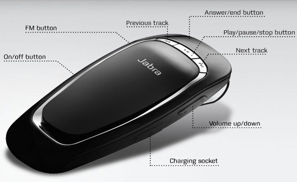 Jabra Cruiser Bluetooth speakerphone with labeled buttons.