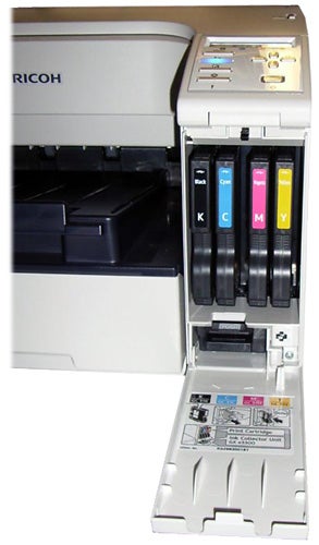 Ricoh Aficio GX e3350N inkjet printer with open ink cartridge bay.