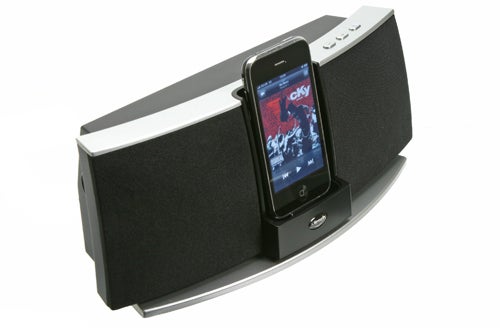 Klipsch iGroove SXT speaker dock with an iPhone inserted.