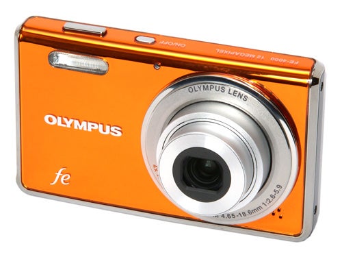 Orange Olympus FE-4000 compact digital camera.