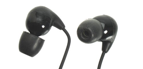 Shure SE115m+ black noise-isolating earphones on white background.