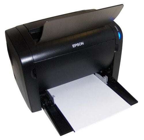 Epson Aculaser M1200 mono laser printer with paper loaded.