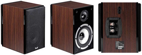 Teufel Theater 200 speakers in walnut finish from multiple angles.