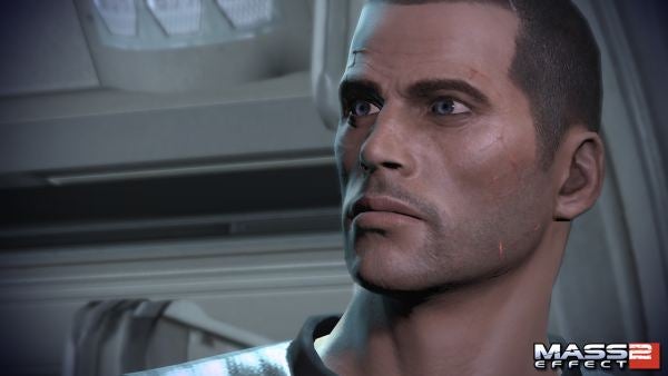 Close-up of Commander Shepard from Mass Effect 2 video game.