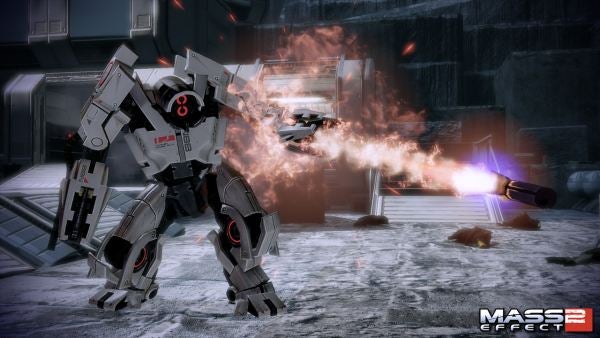 Mechanical walker firing weapon in Mass Effect 2 scene.