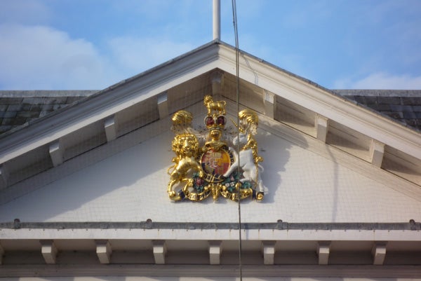 Gold coat of arms on building facade taken with Panasonic Lumix DMC-FX550.