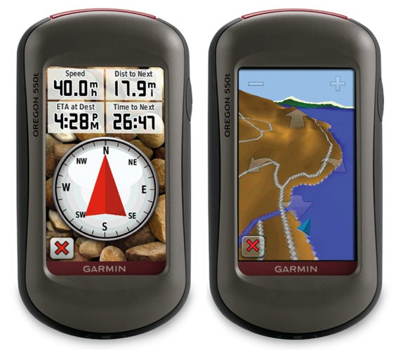 Garmin Oregon 550t GPS showing compass and map screens.