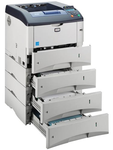 Kyocera Mita FS-3920DN Mono Laser printer with open trays.