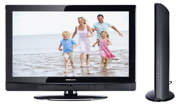 Hannspree ST321MBB LCD TV displaying a family on beach.